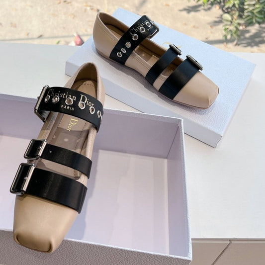 PUNK BALLET FLAT IN CAMEL BEIGE MIX BLACK SUPPLE CALFSKIN - 35