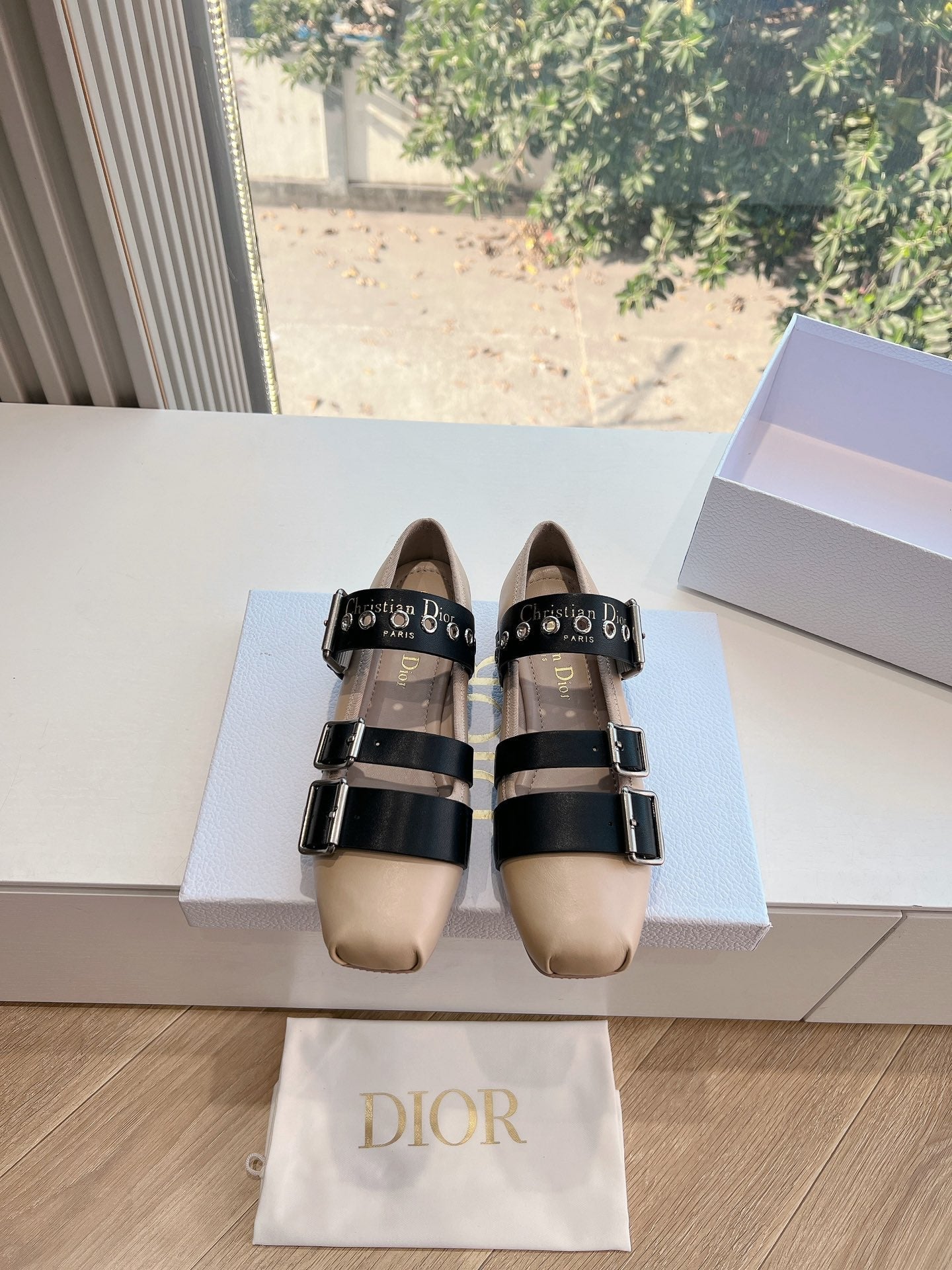 PUNK BALLET FLAT IN CAMEL BEIGE MIX BLACK SUPPLE CALFSKIN - 35