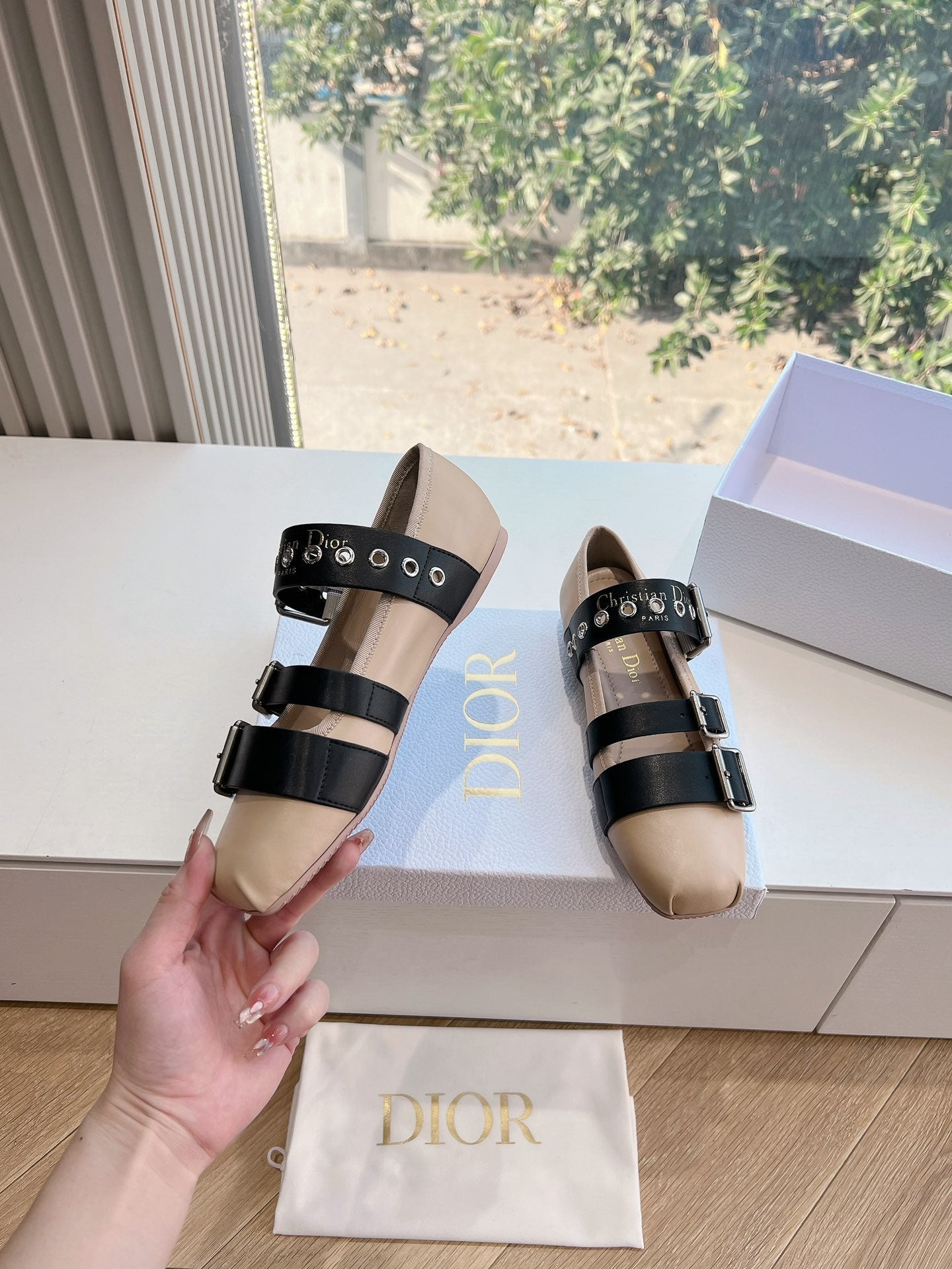 PUNK BALLET FLAT IN CAMEL BEIGE MIX BLACK SUPPLE CALFSKIN - 35