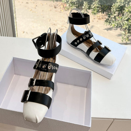 PUNK BALLET FLAT IN WHITE MIX BLACK CALFSKIN - 35