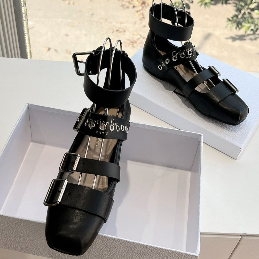 PUNK BALLET FLAT IN BLACK CALFSKIN - 35