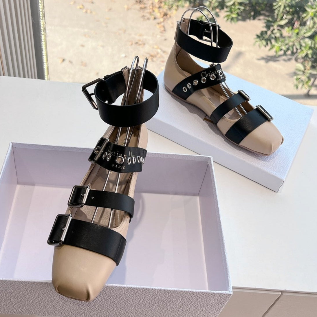 PUNK BALLET FLAT IN BLACK MIX CAMEL BEIGE CALFSKIN - 35