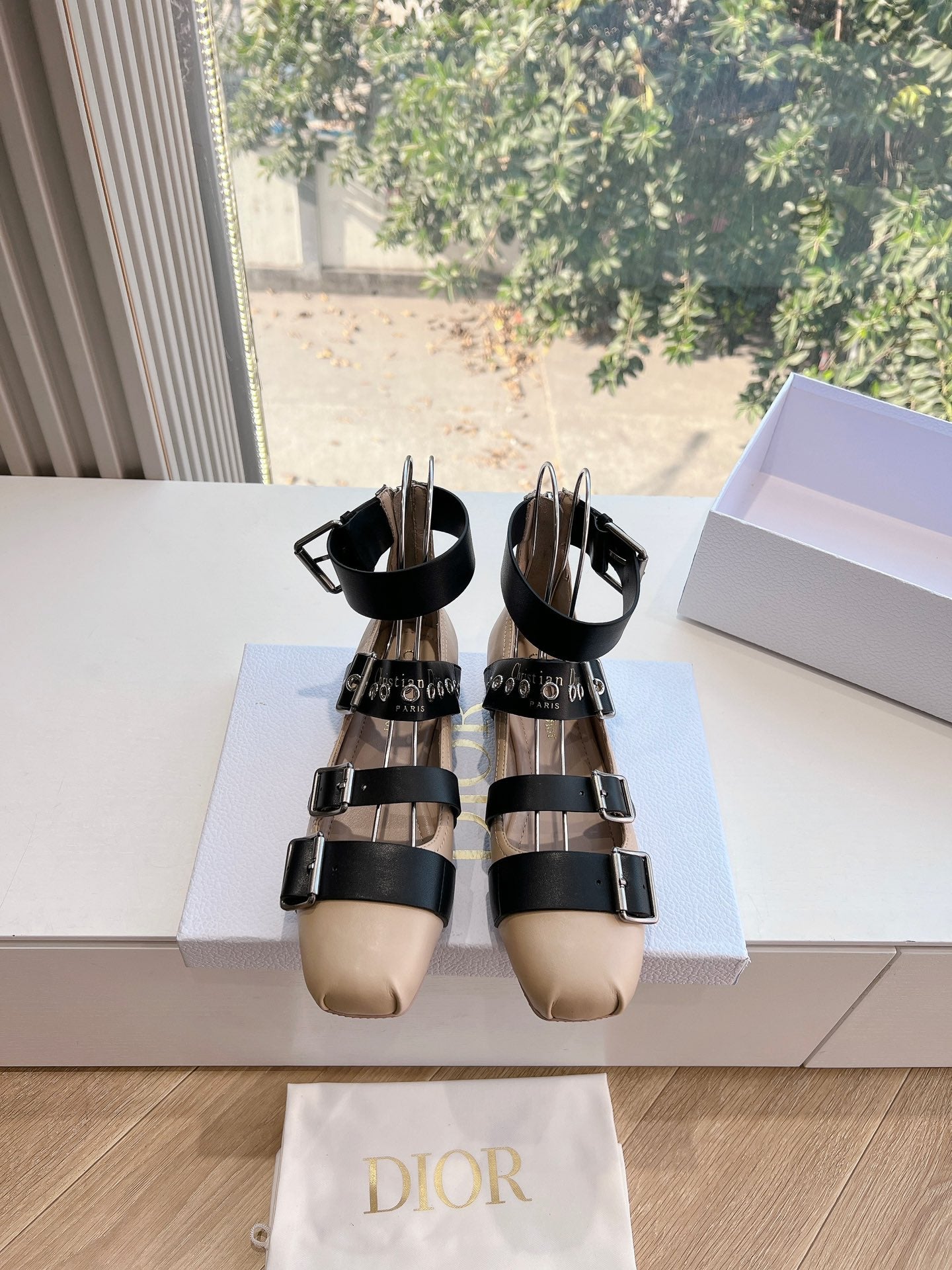 PUNK BALLET FLAT IN BLACK MIX CAMEL BEIGE CALFSKIN - 35