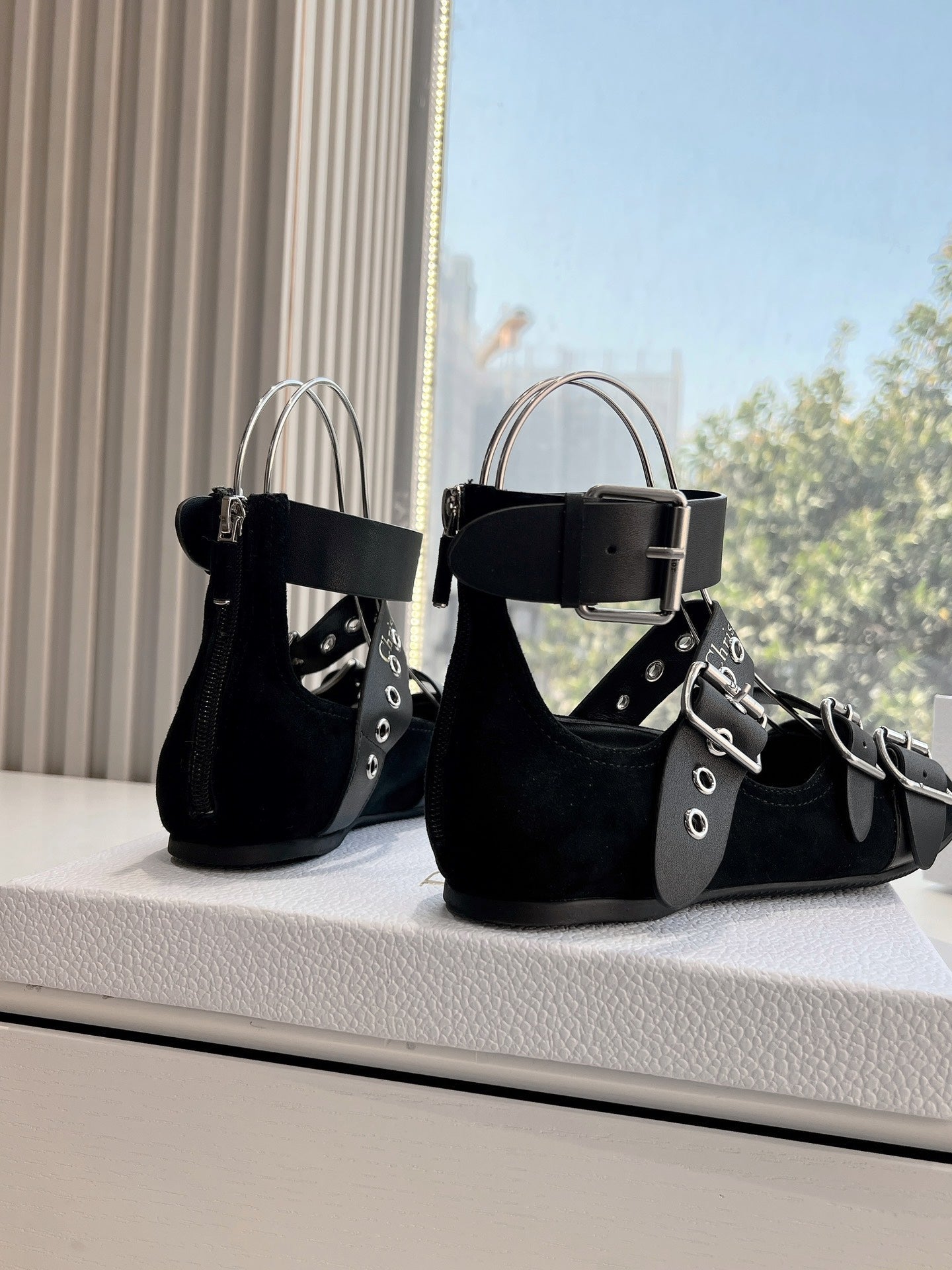 PUNK BALLET FLAT IN BLACK SUEDE AND CALFSKIN - 35
