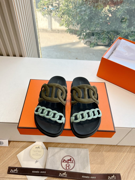 EXTRA SANDAL З ТЕЛЯЧОЇ ШКІРИ КОЛЬОРУ ХАКІ ТА ЕЛЕКТРИЧНИЙ СИНІЙ - 35
