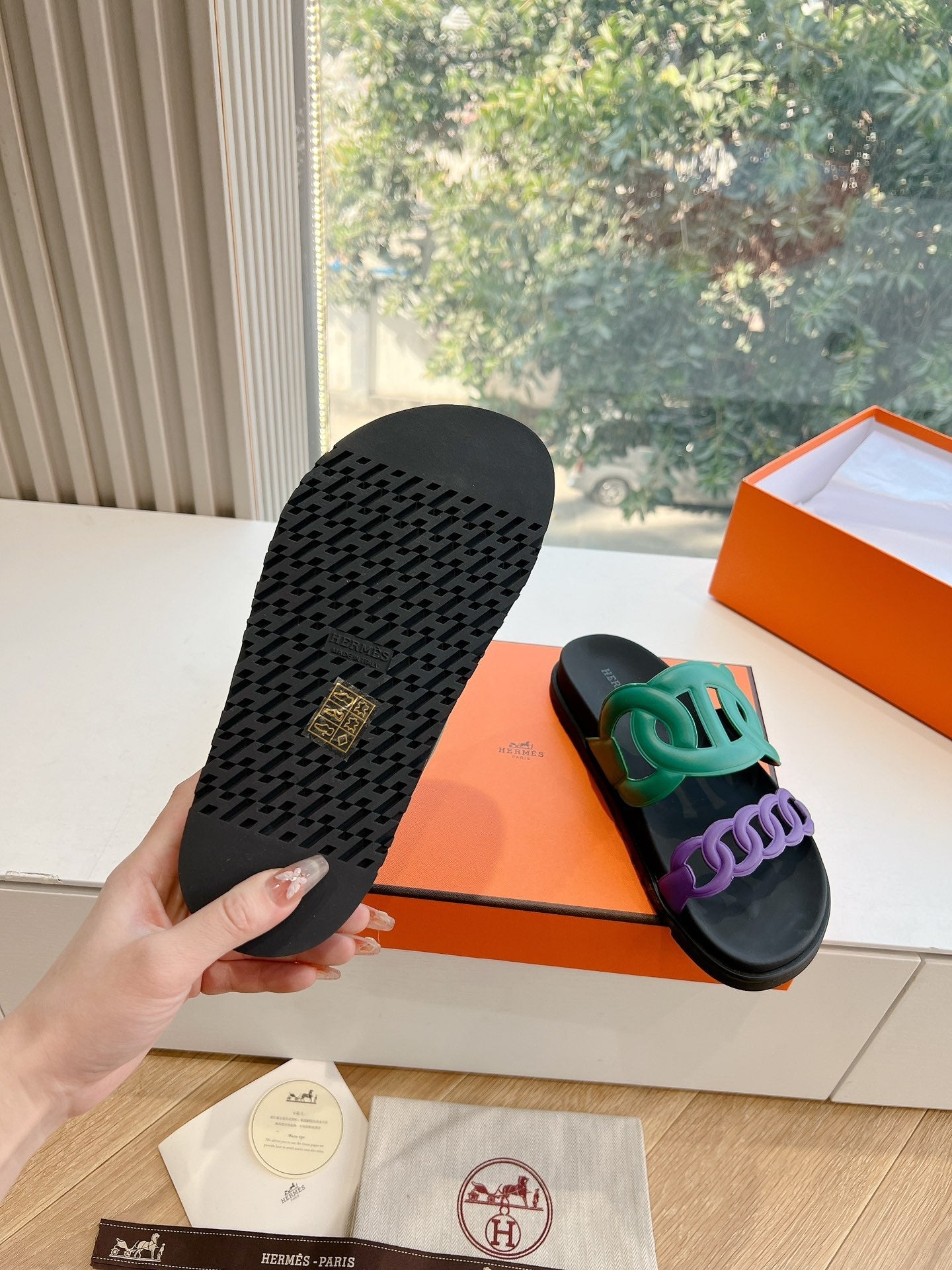 EXTRA SANDAL IN MEDIUM GREEN MIX VIOLET PURPLE CALFSKIN - 35