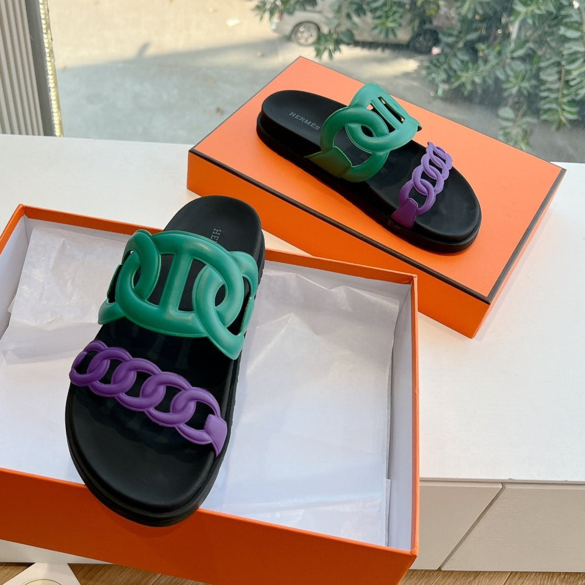 EXTRA SANDAL IN MEDIUM GREEN MIX VIOLET PURPLE CALFSKIN - 35