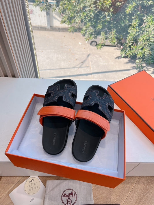 БОСОНІЖКИ CHYPRE SANDAL З ЧОРНОГО ДЕНІМУ ТА ТЕЛЯЧОЇ ШКІРИ ЯСКРАВО-ПОМАРАНЧЕВОГО КОЛЬОРУ - 35