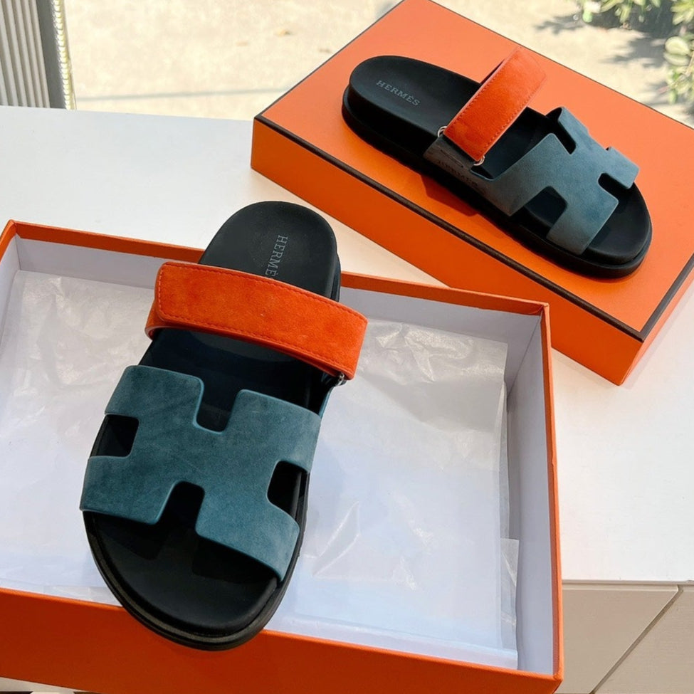 CHYPRE SANDAL IN TEAL GREEN MIX FIRE ORANGE SUEDE - 35
