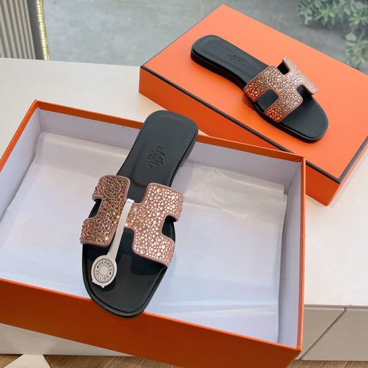 0RAN SLIDE IN PENNY BROWN CALFSKIN WITH CRYSTALS - 35
