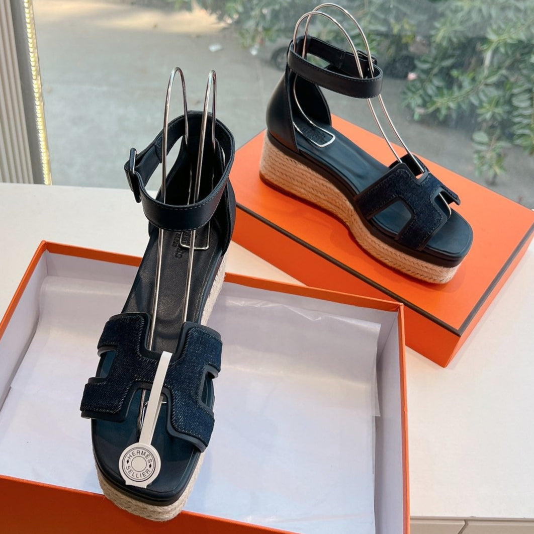 ELDA ESPADRILLE IN MIDNIGHT BLUE FABRIC AND BLACK CALFSKIN - 35