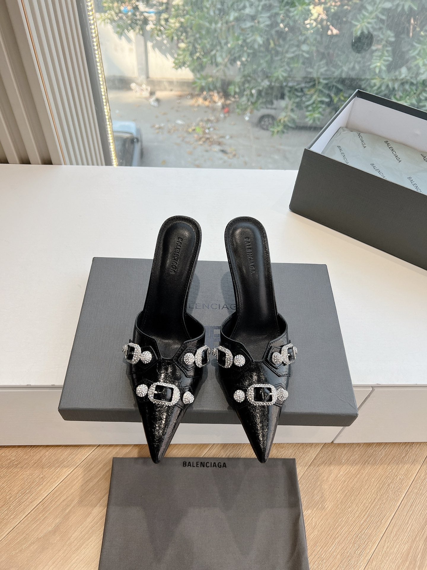 CRYSTAL BUCKLE BLACK WAX-OIL SHEEPSKIN HEELED MULES - 34