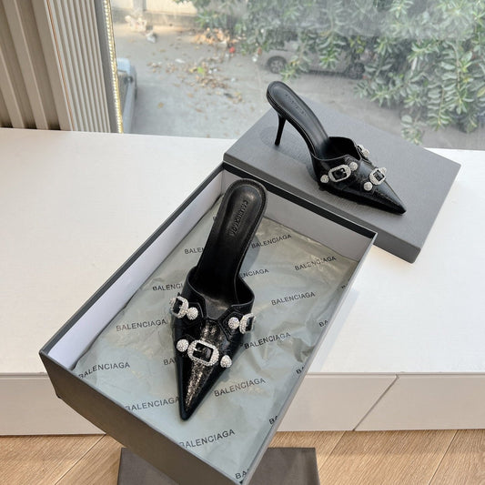 CRYSTAL BUCKLE BLACK WAX-OIL SHEEPSKIN HEELED MULES - 34