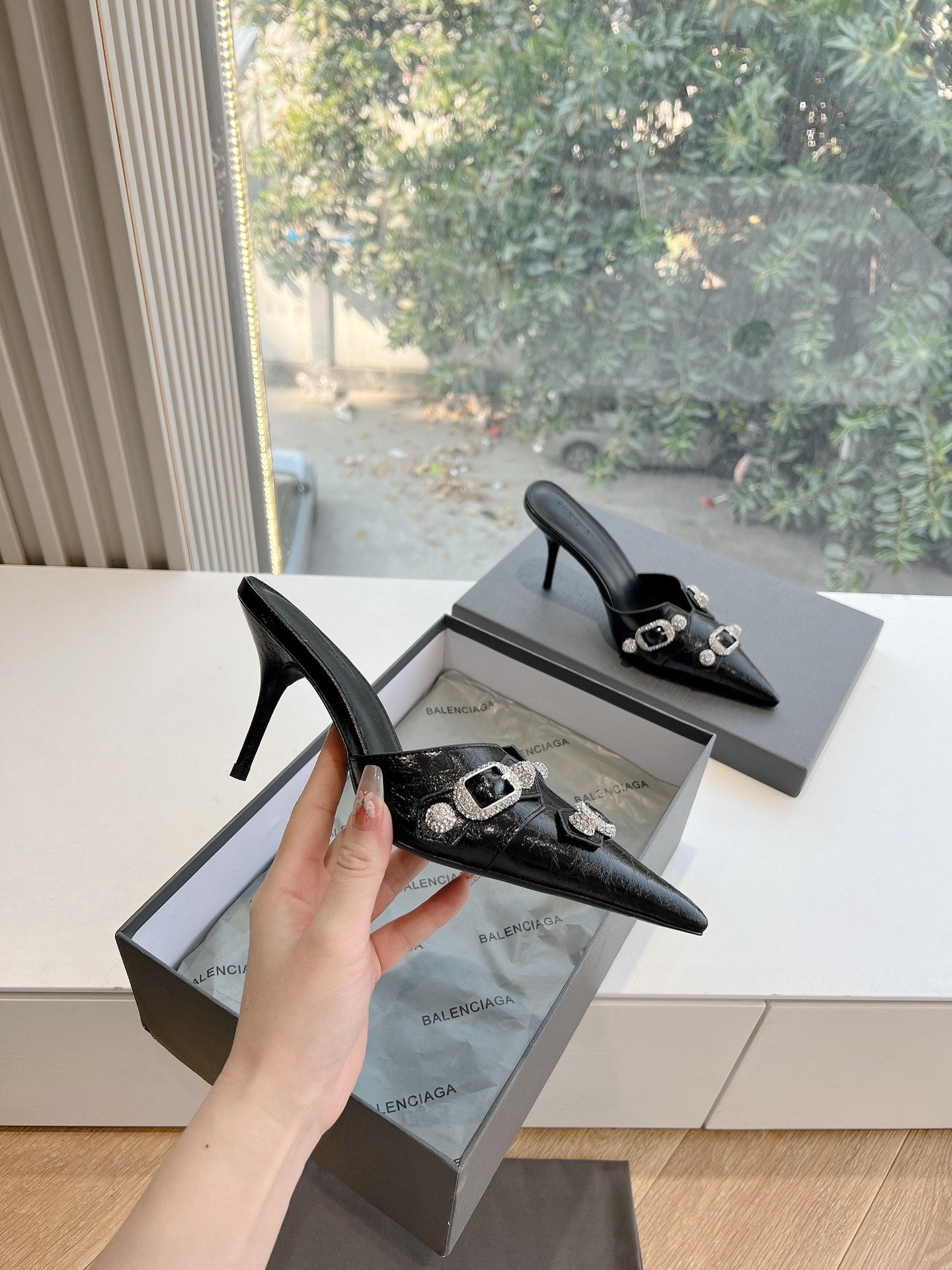 CRYSTAL BUCKLE BLACK WAX-OIL SHEEPSKIN HEELED MULES - 34