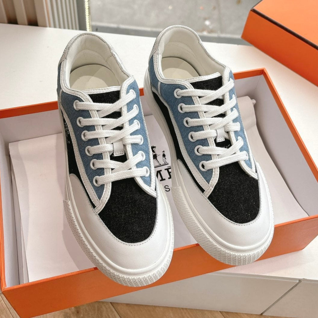 GET SNEAKER IN BLACK MIX LIGHT BLUE CANVAS AND CALFSKIN - 35