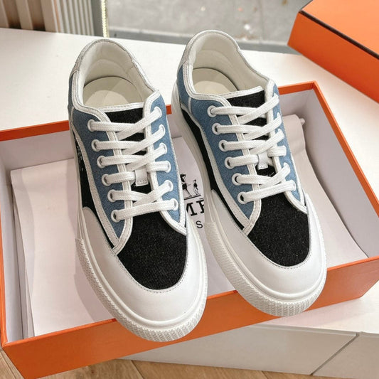GET SNEAKER IN BLACK MIX LIGHT BLUE CANVAS AND CALFSKIN - 35