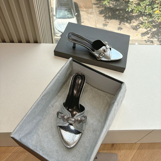 CAGOLE MID-HEEL MULES IN SILVER METALLIC CALFSKIN - 35