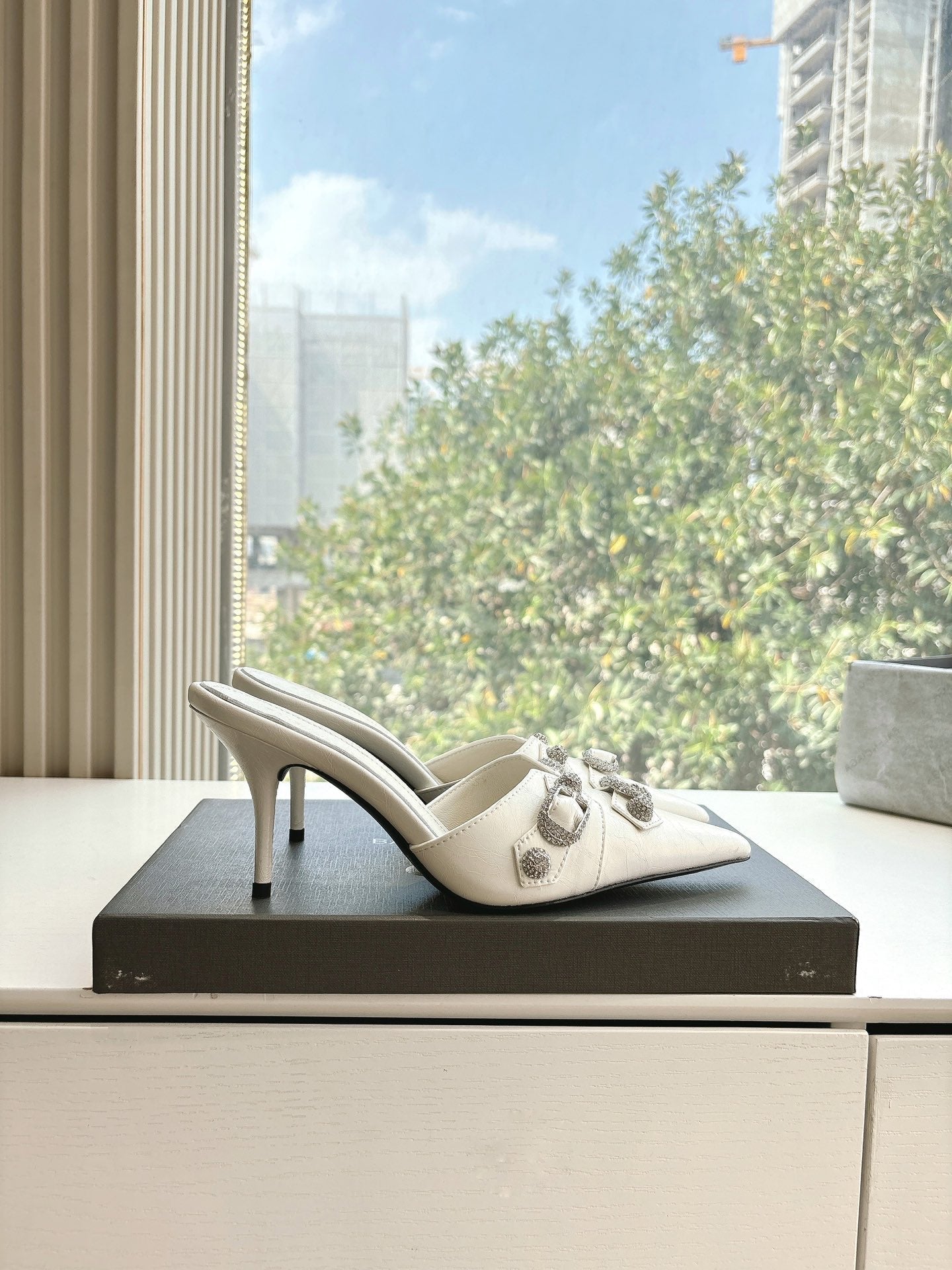 CRYSTAL BUCKLE WHITE CALFSKIN HEELED MULES - 35