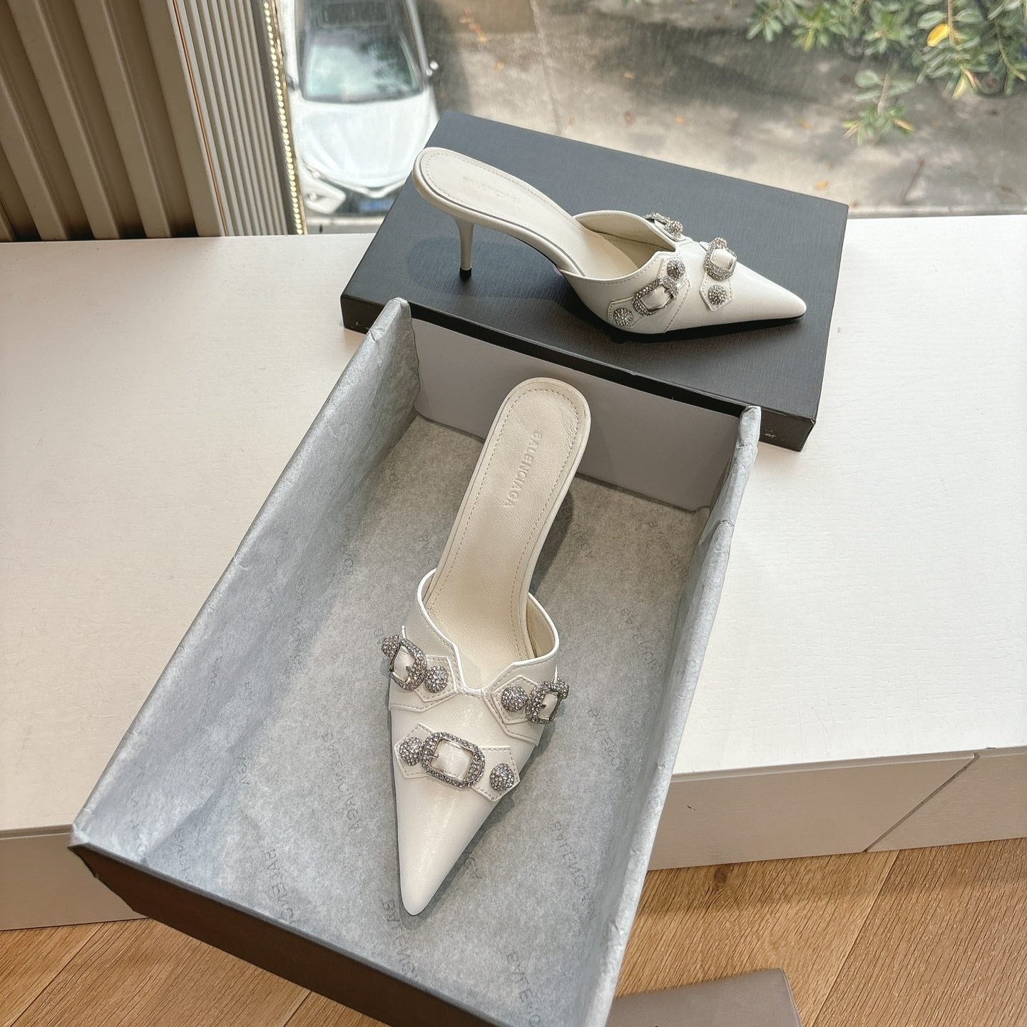 CRYSTAL BUCKLE WHITE CALFSKIN HEELED MULES - 35