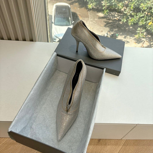 ZIPPER POINTED-TOE HIGH PUMPS IN BEIGE SUEDE ATTACHED SILVER CRYSTAL - 34