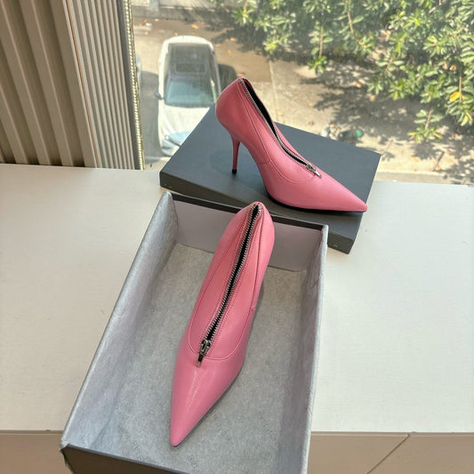 ZIPPER POINTED-TOE HIGH PUMPS IN BUBBLEGUM PINK SHINY LAMBSKIN - 34