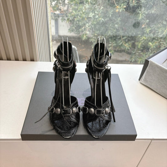 CAGOLE HIGH-HEEL SANDALS IN BLACK LAMBSKIN - 34