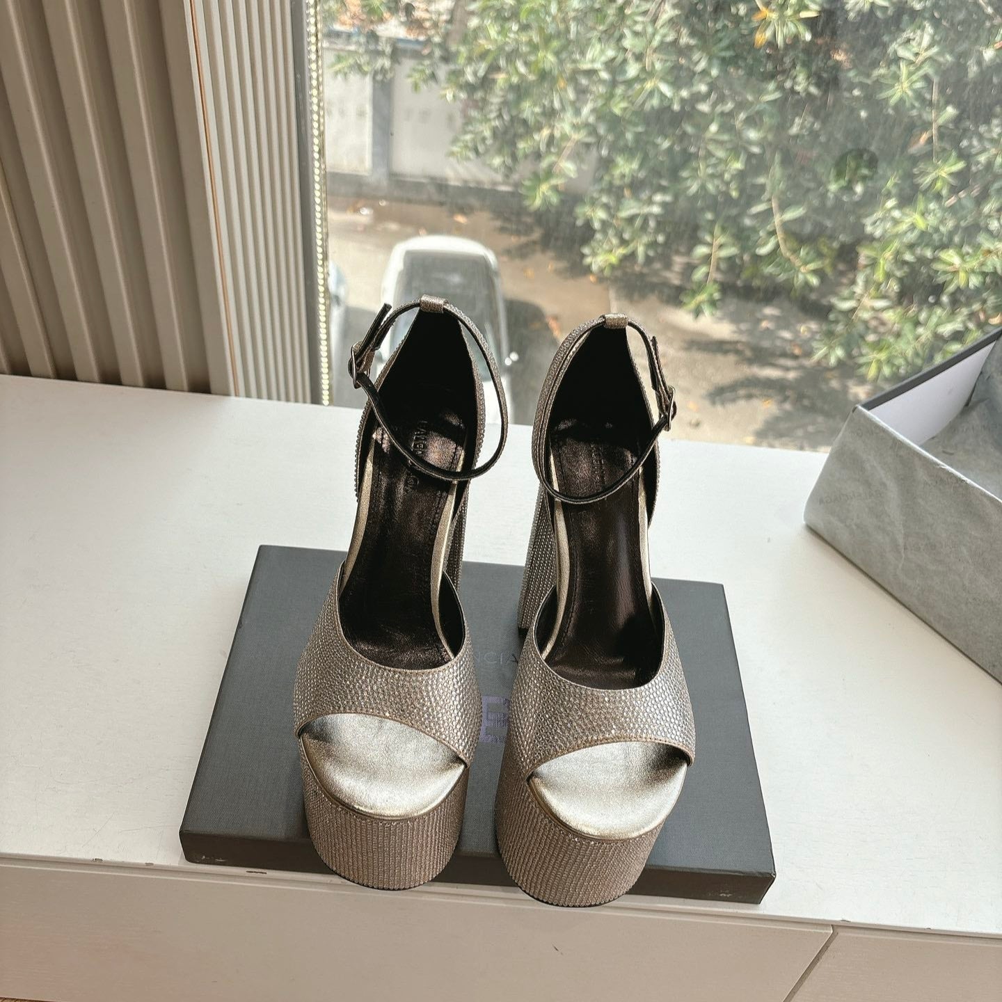 PLATFORM ANKLE STRAP HEELS IN BEIGE METALLIC ATTACHED RHINESTONES CALFSKIN - 34