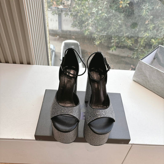 PLATFORM ANKLE STRAP HEELS IN BLACK ATTACHED RHINESTONES CALFSKIN - 34