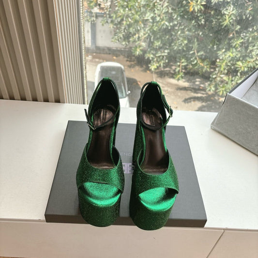 PLATFORM ANKLE STRAP HEELS IN GREEN METALLIC ATTACHED RHINESTONES CALFSKIN - 34