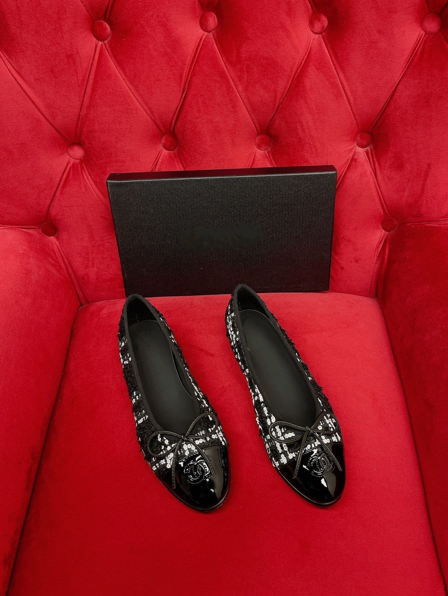 ballet flat black white tweed lambskin - 35