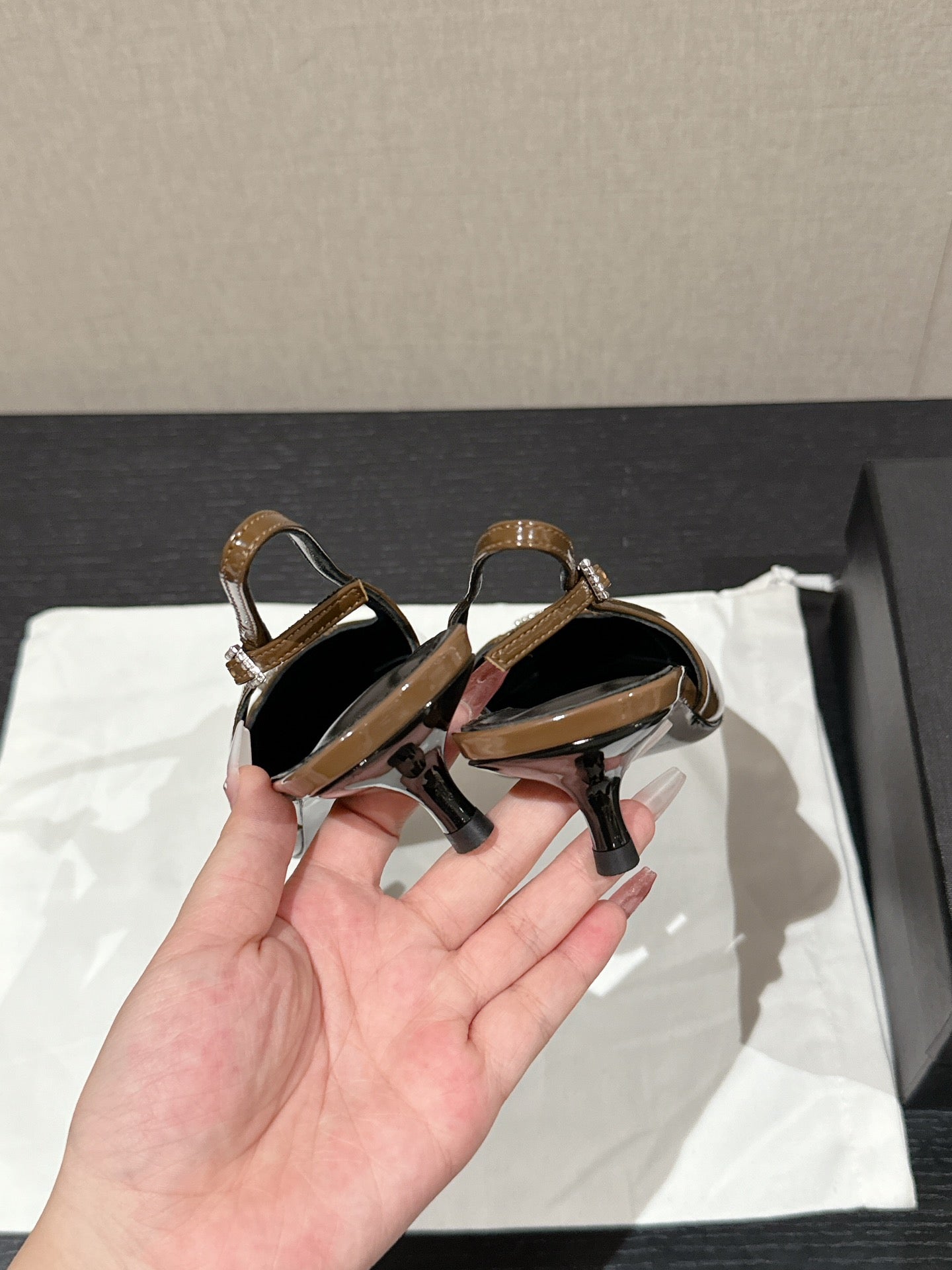 SL CHERISH CRYSTAL SLINGBACK ASH BROWN CALFSKIN - 35