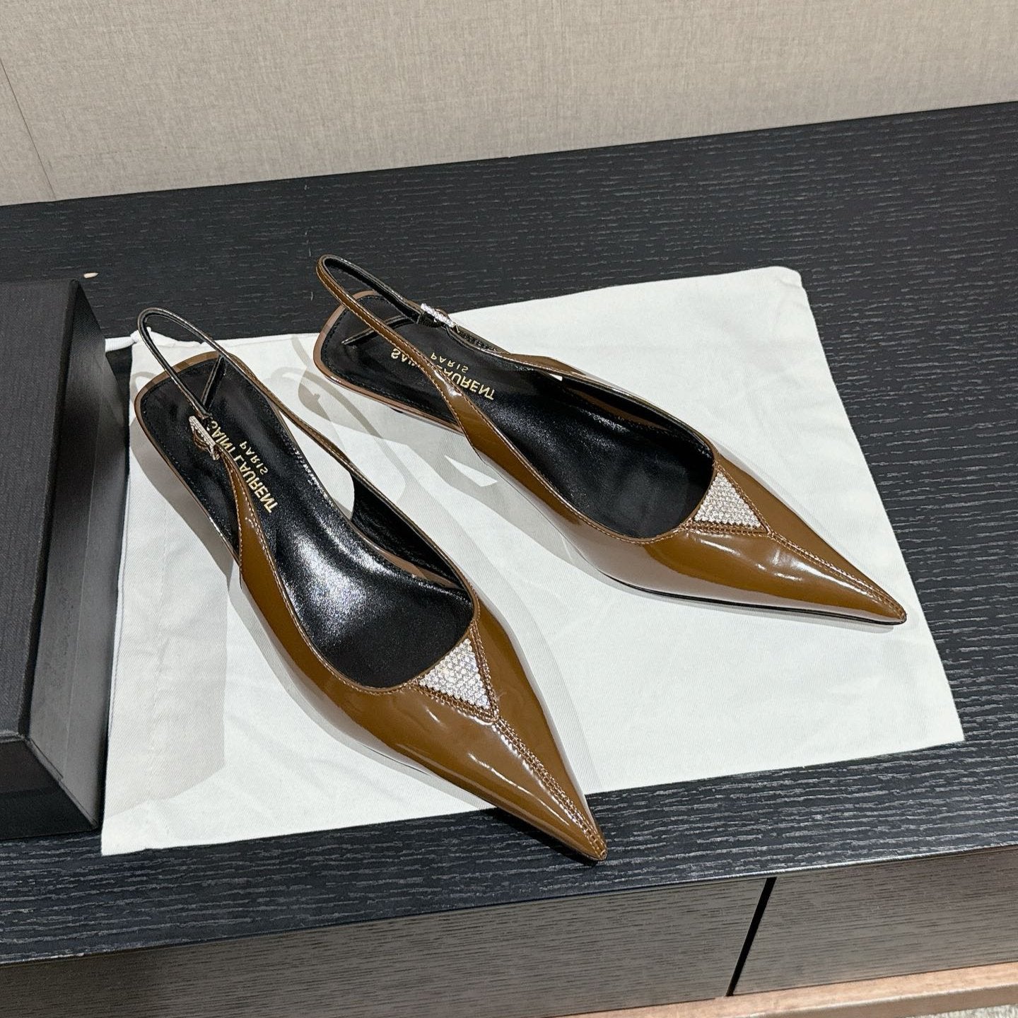 SL CHERISH CRYSTAL SLINGBACK ASH BROWN CALFSKIN - 35
