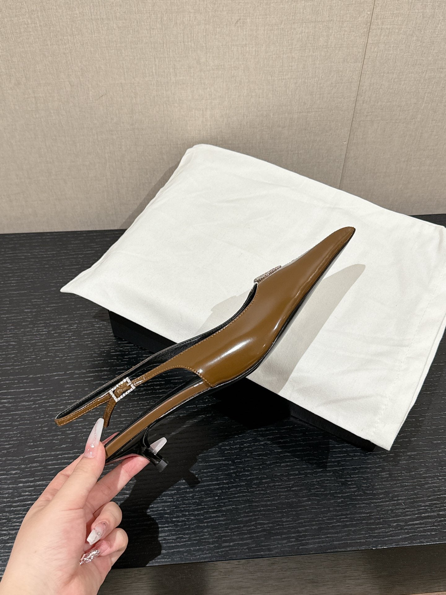 SL CHERISH CRYSTAL SLINGBACK ASH BROWN CALFSKIN - 35