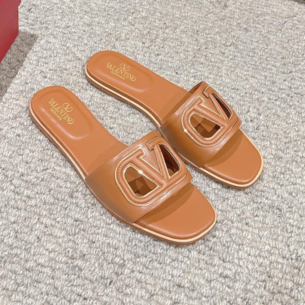 VLOGO CUT-OUT BRONZE BROWN CALFSKIN SLIDE SANDAL - 35