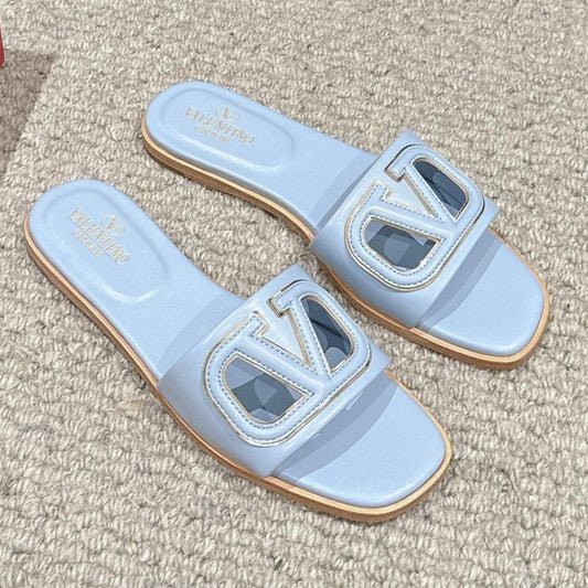 VLOGO CUT-OUT LIGHT BLUE CALFSKIN SLIDE SANDAL - 35
