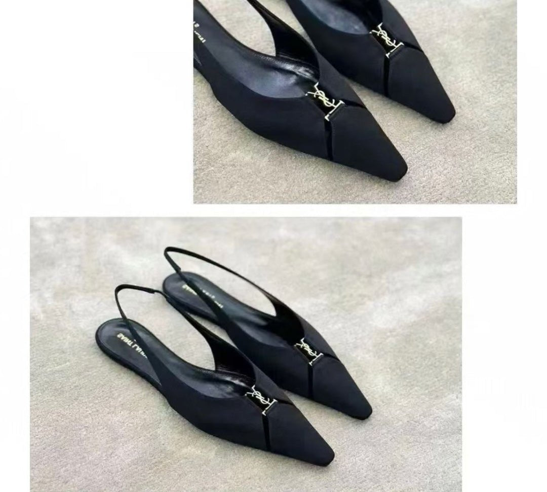 SL BABYLONE SLINGBACK FLAT BLACK SATIN CREPE - 35