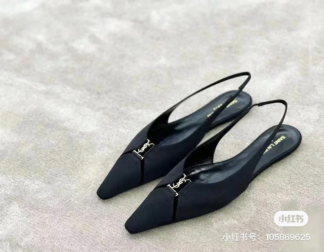 SL BABYLONE SLINGBACK FLAT BLACK SATIN CREPE - 35