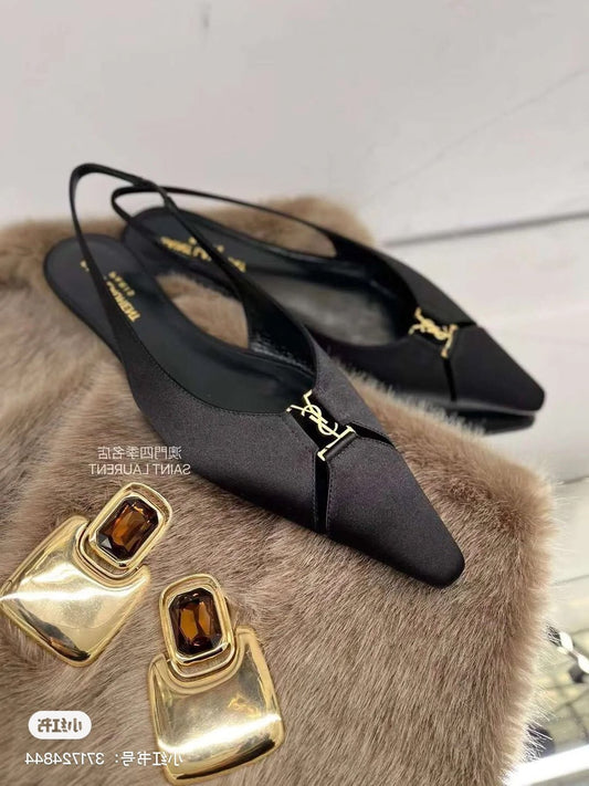 SL BABYLONE SLINGBACK FLAT BLACK SATIN CREPE - 35