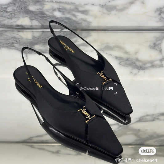 SL BABYLONE SLINGBACK FLAT BLACK SATIN CREPE - 35