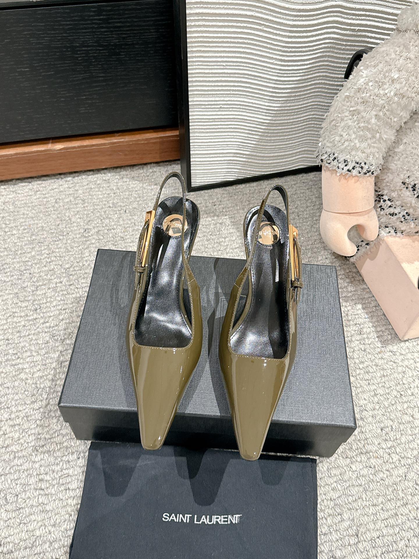 LEE SLINGBACK MID PUMPS IN ARMY GREEN SHINY CALFSKIN - 34