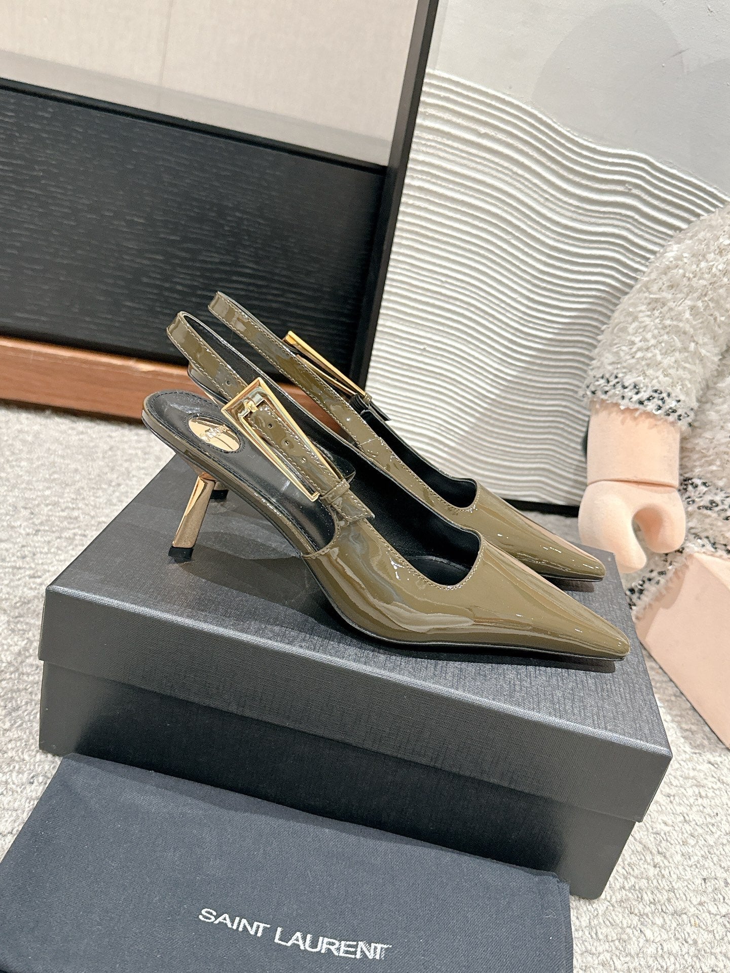 LEE SLINGBACK MID PUMPS IN ARMY GREEN SHINY CALFSKIN - 34