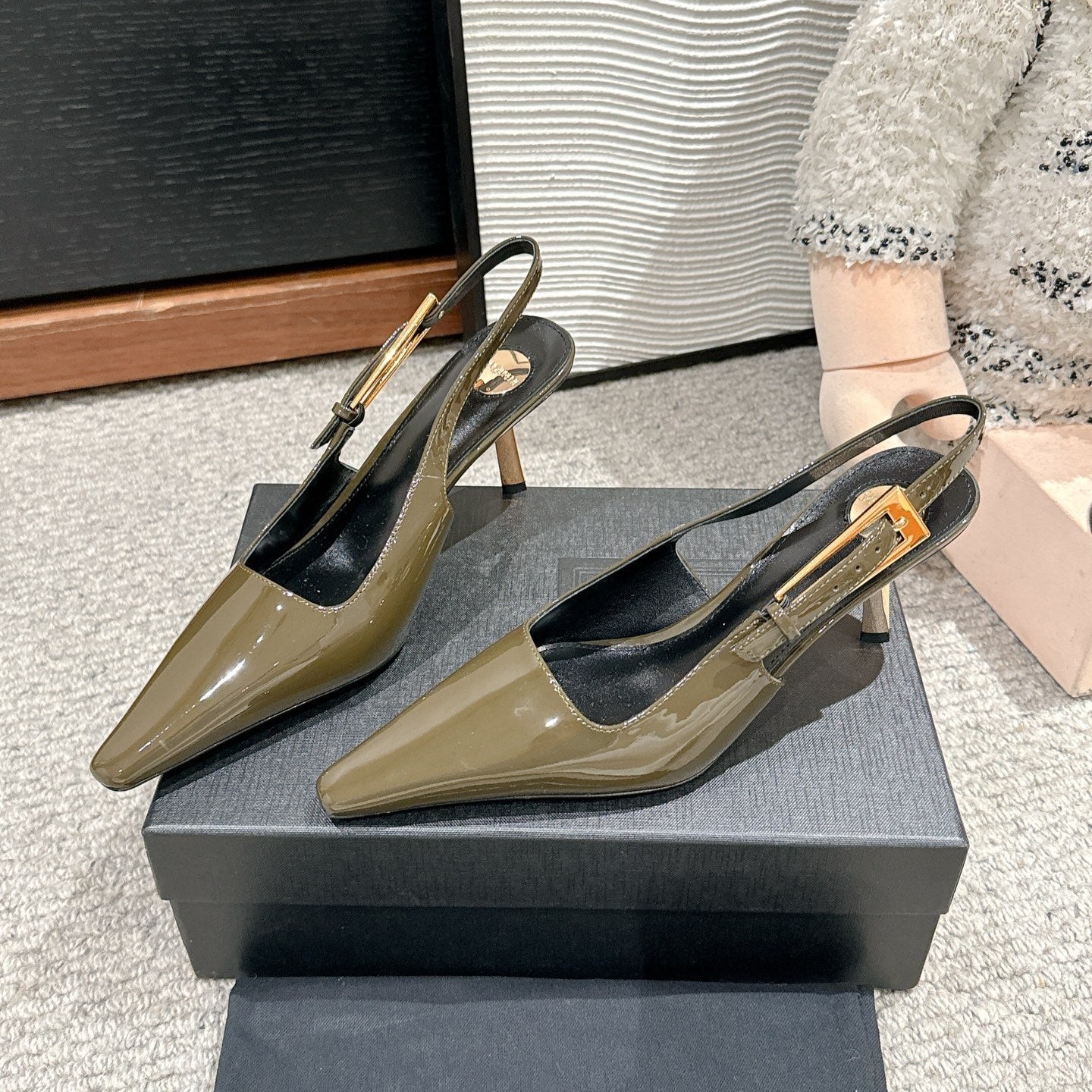 LEE SLINGBACK MID PUMPS IN ARMY GREEN SHINY CALFSKIN - 34
