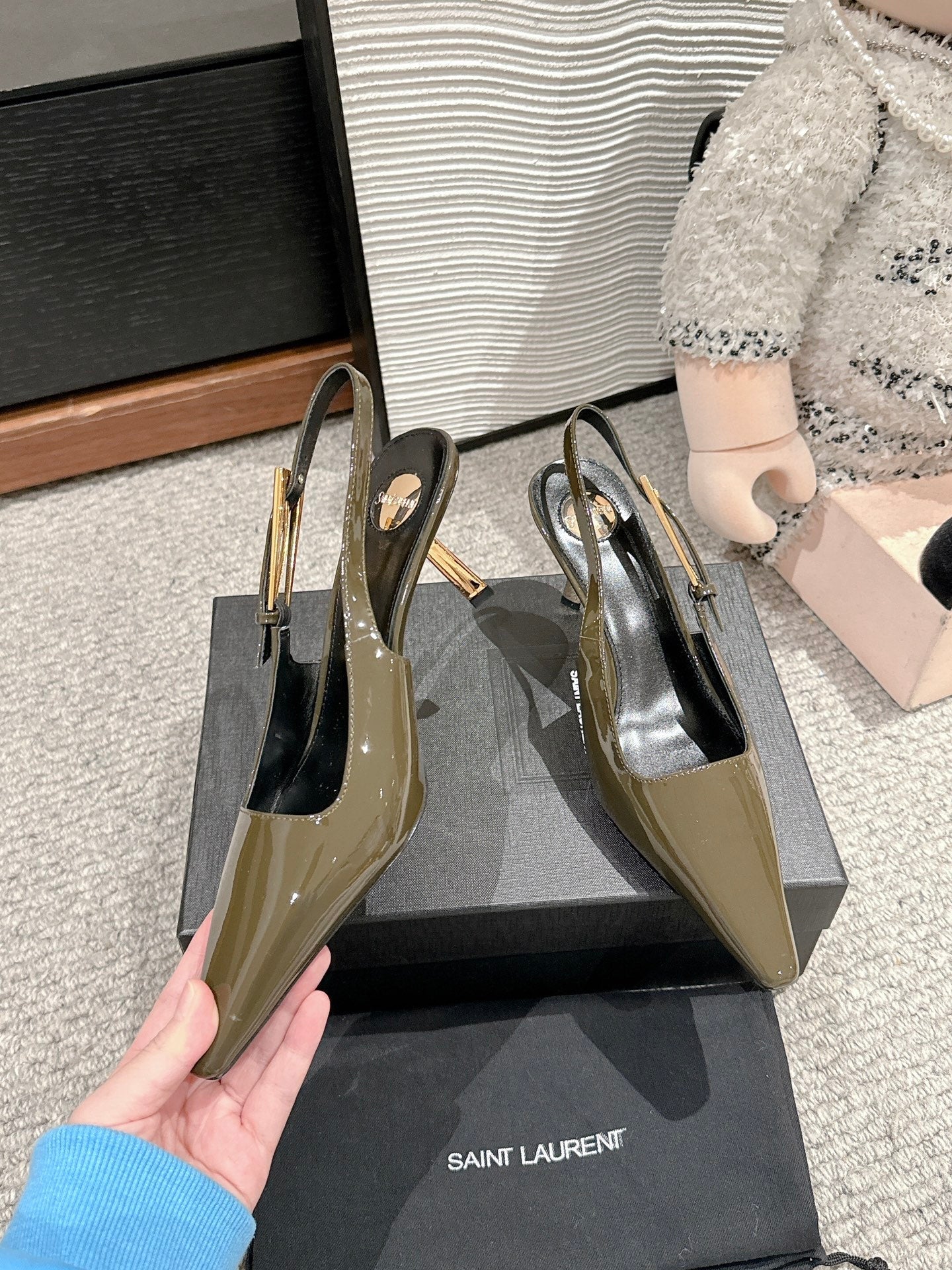 LEE SLINGBACK MID PUMPS IN ARMY GREEN SHINY CALFSKIN - 34
