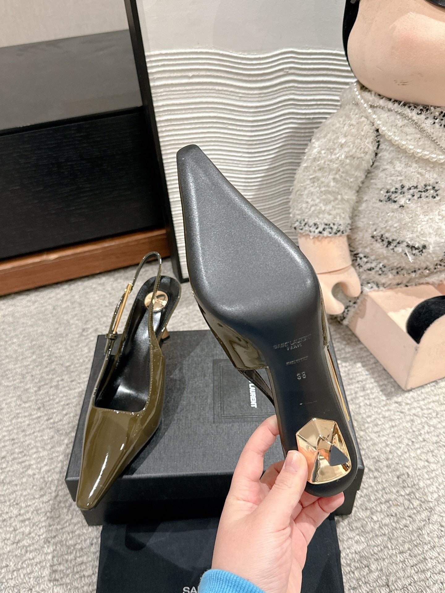 LEE SLINGBACK MID PUMPS IN ARMY GREEN SHINY CALFSKIN - 34