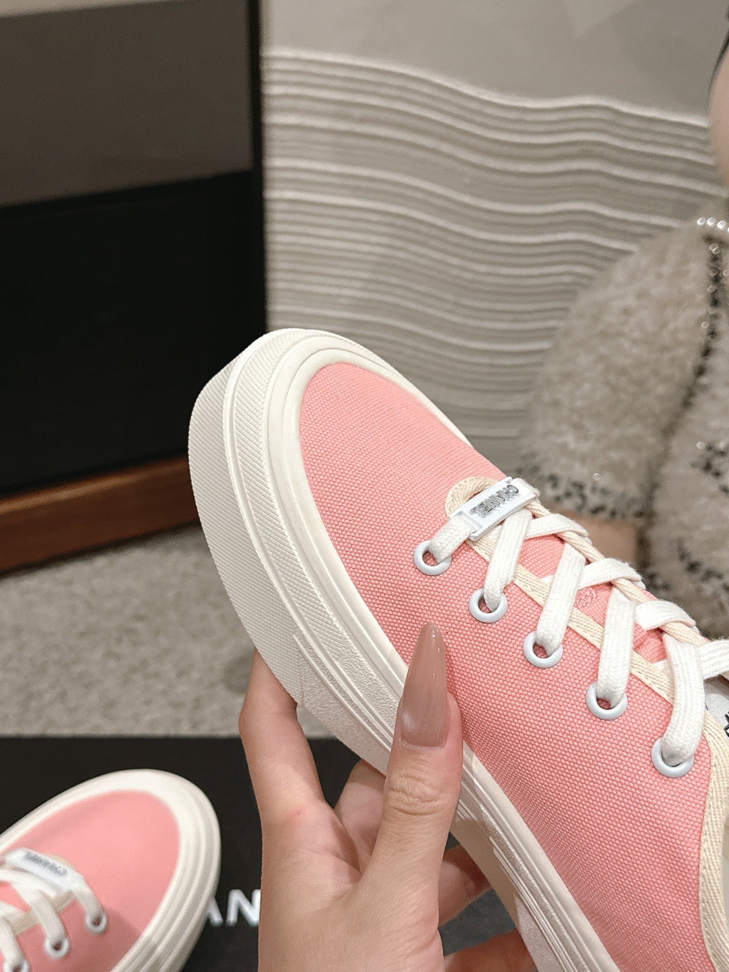 LACE-UP SNEAKERS IN PASTEL PINK CANVAS - 35