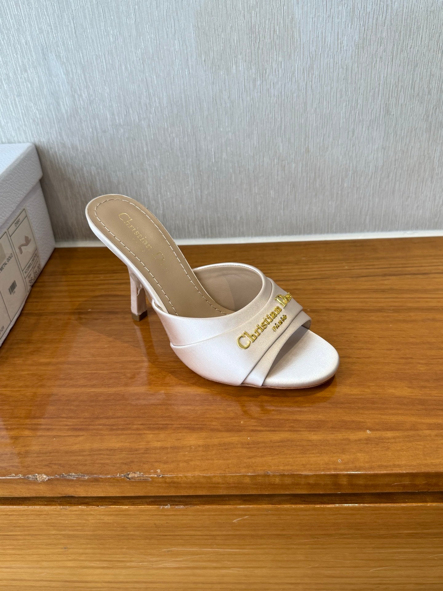 PEEP TOE SANDAL 25S HEELS 10CM IN PALE PINK BEIGE SATIN - 35