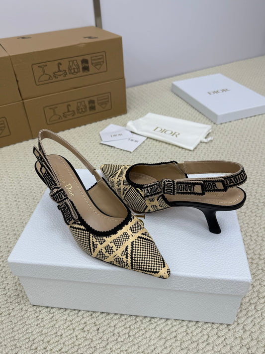 DIOR HIGH SLINGBACK 65 MM 25S IN BLACK AND BEIGE RAFFIA - 34