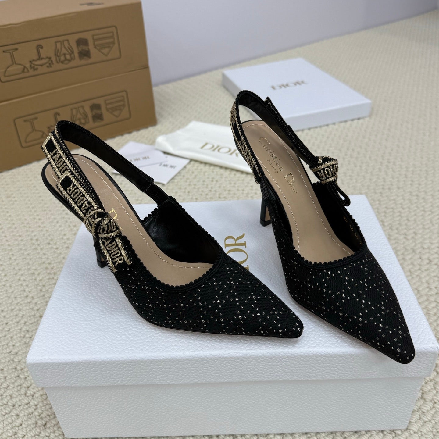 DIOR HIGH SLINGBACK 100 MM 25S IN BLACK FABRIC AND BRAND NAME EMBROIDERY - 34