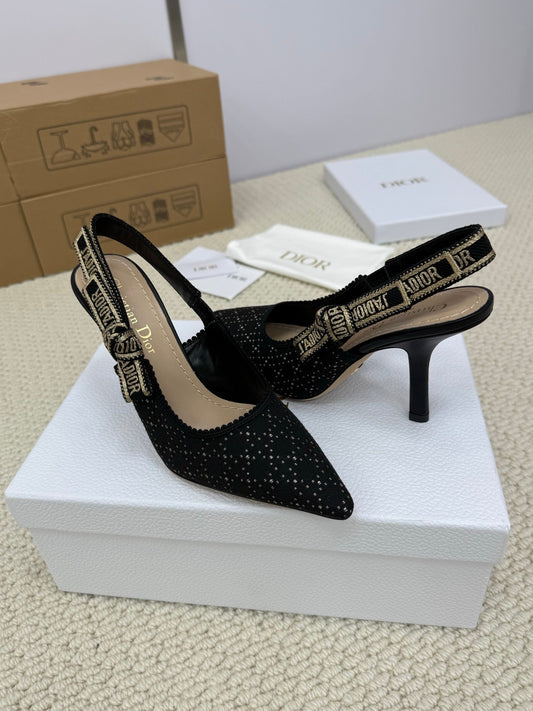 DIOR HIGH SLINGBACK 100 MM 25S IN BLACK FABRIC AND BRAND NAME EMBROIDERY - 34