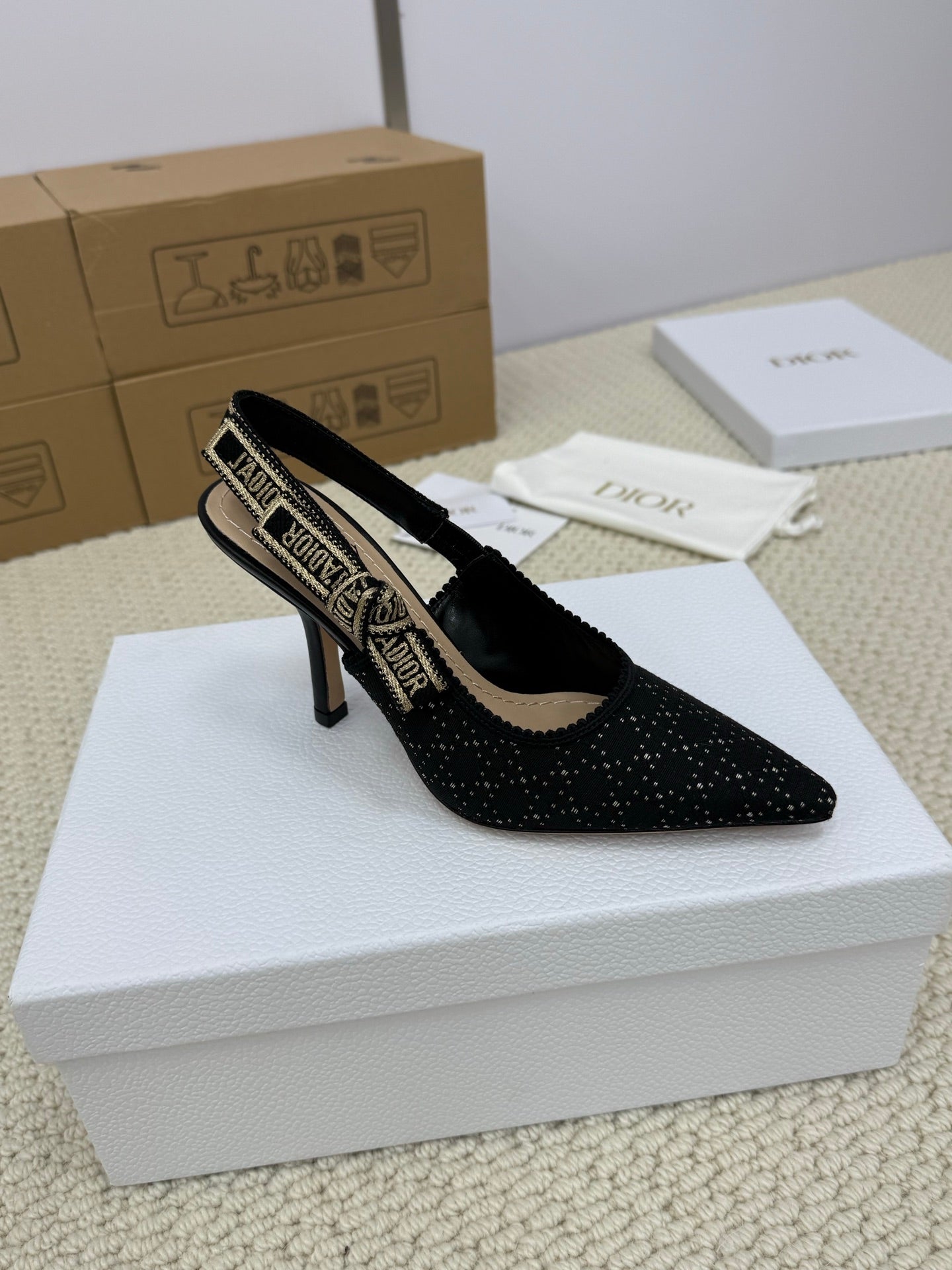 DIOR HIGH SLINGBACK 100 MM 25S IN BLACK FABRIC AND BRAND NAME EMBROIDERY - 34
